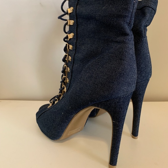 Denim PeepToe Lace Up Bootie - Picture 2 of 3
